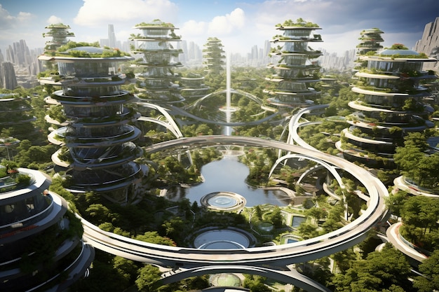 Ciudad futurista respetuosa con el medio ambiente con espacios verdes