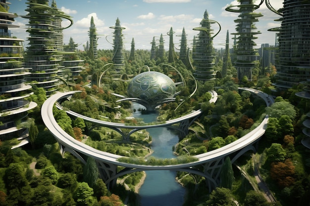 Foto gratuita ciudad futurista respetuosa con el medio ambiente con espacios verdes