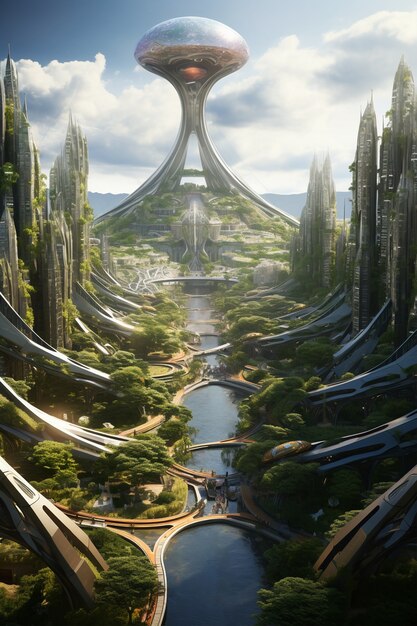 Ciudad futurista respetuosa con el medio ambiente con espacios verdes