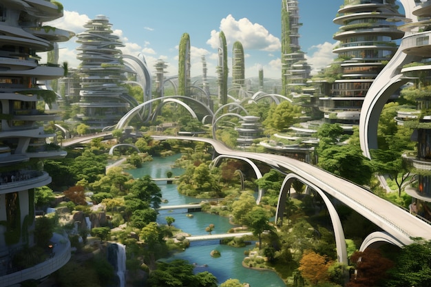 Foto gratuita ciudad futurista respetuosa con el medio ambiente con espacios verdes