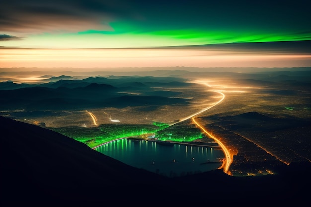 Una ciudad se ilumina por la noche con las luces de las luces de la ciudad.