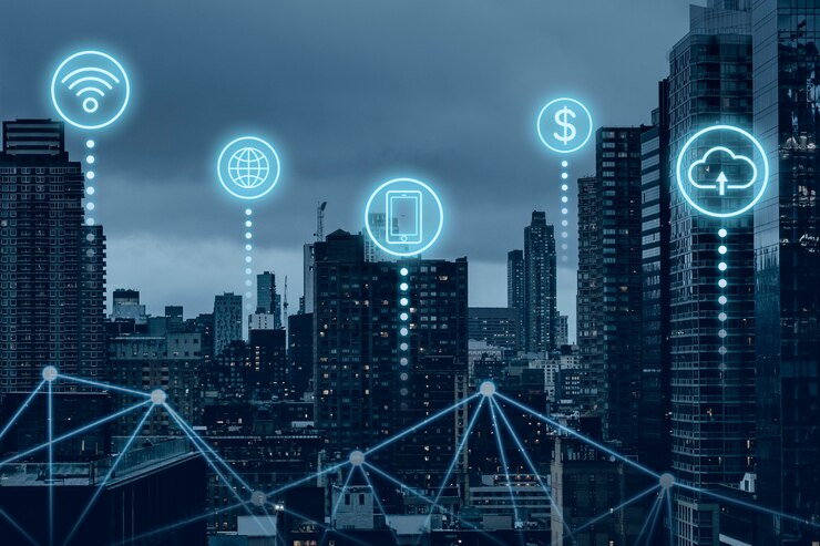 Foto gratuito ciudad inteligente futurista con tecnología de red global 5g