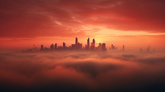 Una ciudad en la niebla al atardecer