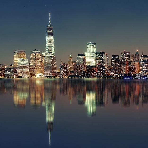 CIUDAD DE NUEVA YORK-20 DE SEPTIEMBRE: One World Trade Center fuera de foco en la noche del 20 de septiembre de 2013 en la ciudad de Nueva York. Es el cuarto edificio más alto del mundo.