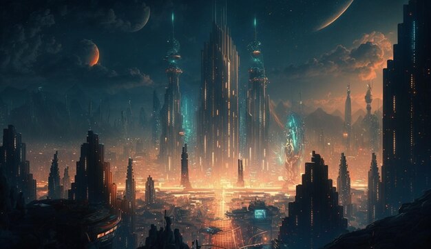 Una ciudad con un planeta en el medio.