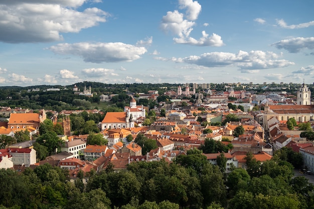 Ciudad de Vilnius rodeada de edificios y vegetación bajo la luz del sol y un cielo nublado en Lituania