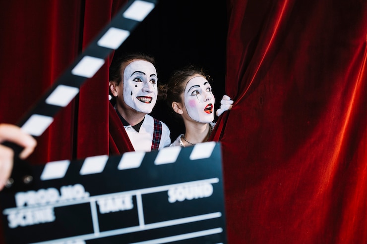 Foto gratuito claqueta delante de la mímica emocionada pareja mirando detrás de la cortina roja