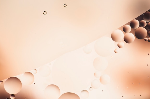 Close-up burbujas y gotas aceitosas en colorido telón de fondo acuoso