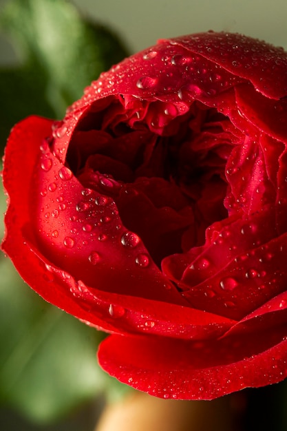 Close-up de flor roja con gotas de agua