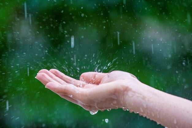 Close-up de manos femeninas mojadas bajo la lluvia