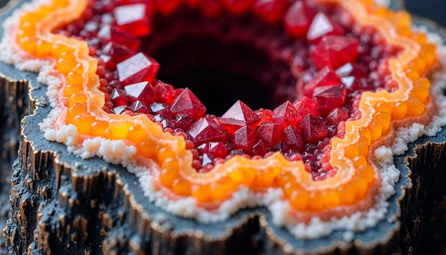 Close-up of a stunning crystal geode with vibrant red crystals