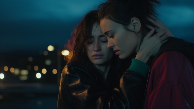 Close up on sad couple hugging