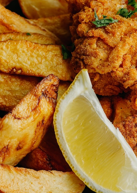 Close-up de pescado y patatas fritas en un plato con una rodaja de limón