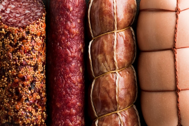 Close-up variedad de deliciosa carne de cerdo