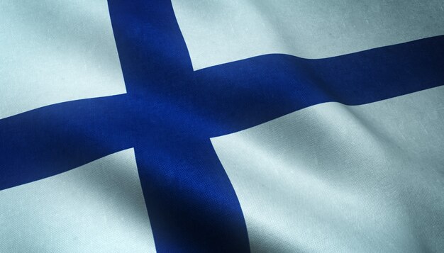 Closeup foto de bandera ondeante realista de Finlandia