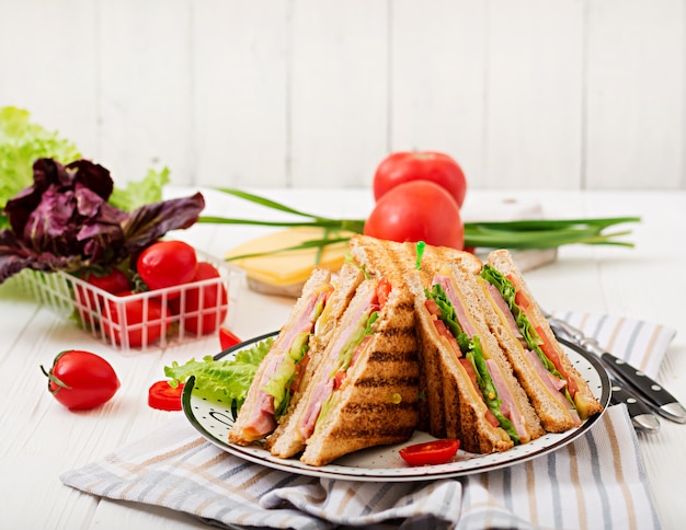 Foto gratuita club sandwich - panini con jamón, queso, tomate y hierbas.