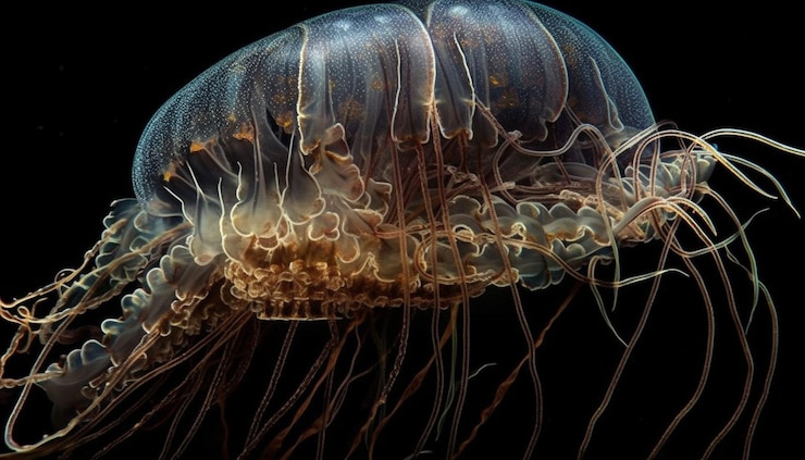 Foto gratuito un cnidario resplandeciente levita en un oscuro espacio submarino generado por ia