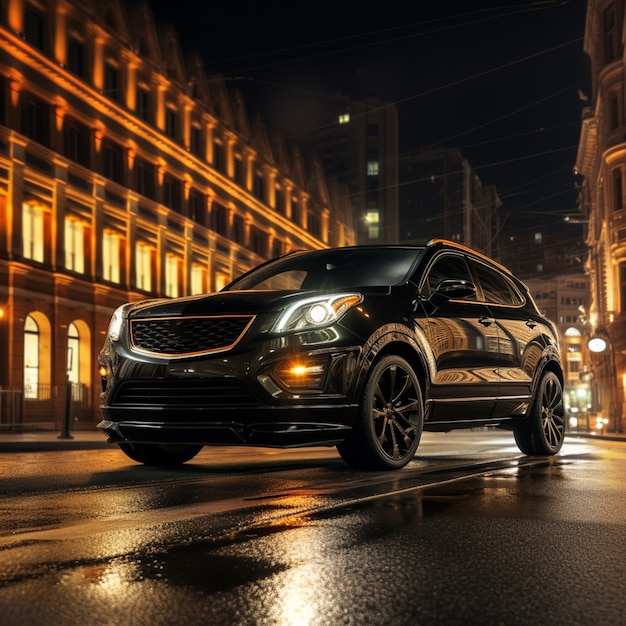 Coche 3D en una ciudad vibrante por la noche.