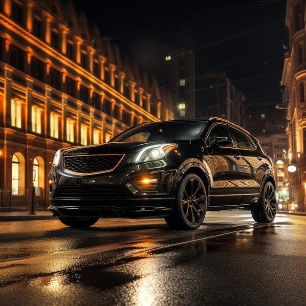 Coche 3D en una ciudad vibrante por la noche