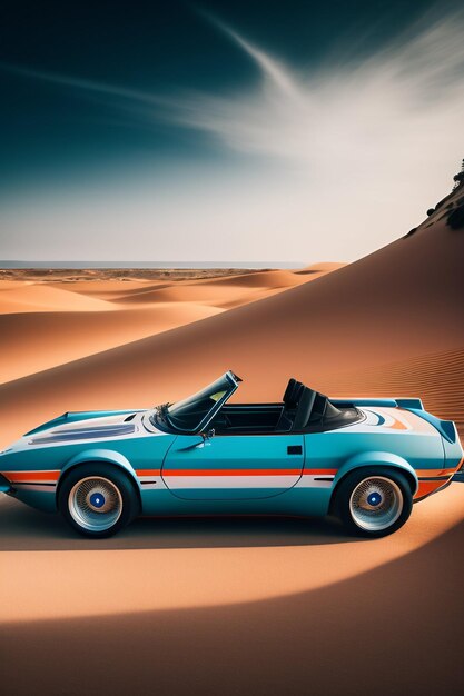 Un coche azul y naranja conduce por el desierto.