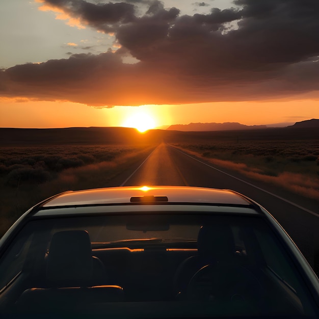 Foto gratuita coche en el camino hacia la puesta de sol en el desierto de california