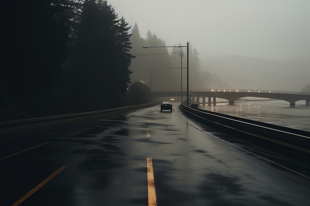 Coche en carretera vacía en atmósfera oscura