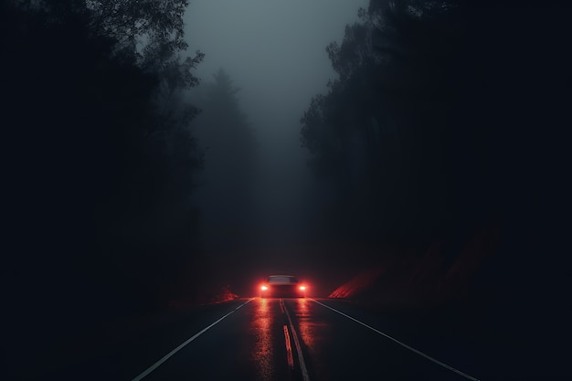 Coche en carretera vacía en atmósfera oscura