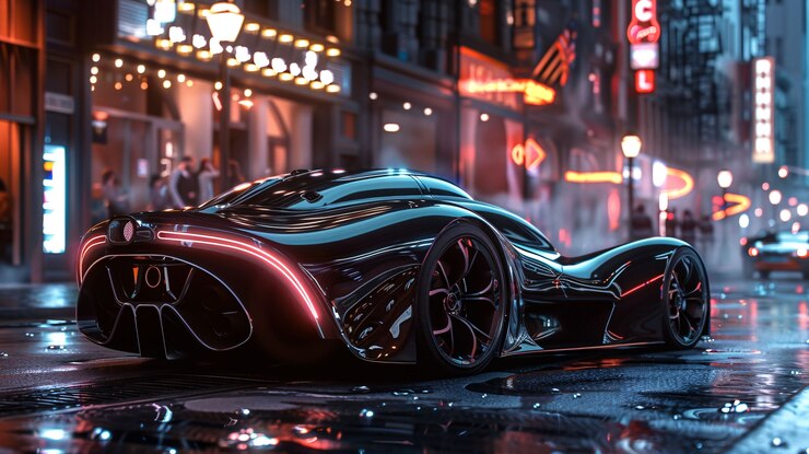 Foto gratuito coche conceptual batmobile con luces de neón