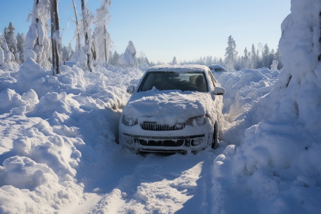 Coche en condiciones extremas de nieve y clima invernal.