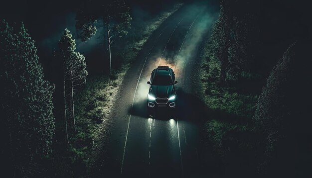 El coche conduce por la carretera de noche en el bosque.