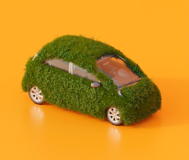 Coche eléctrico cubierto de hierba