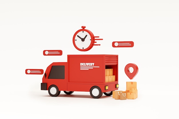 El coche de entrega rojo entrega la ilustración de renderizado 3d de fondo de entrega rápida de envío expreso
