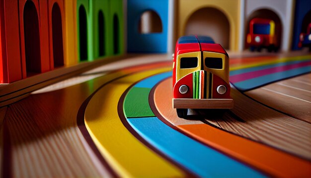 Coche de juguete de madera multicolor en vía férrea azul generado por IA