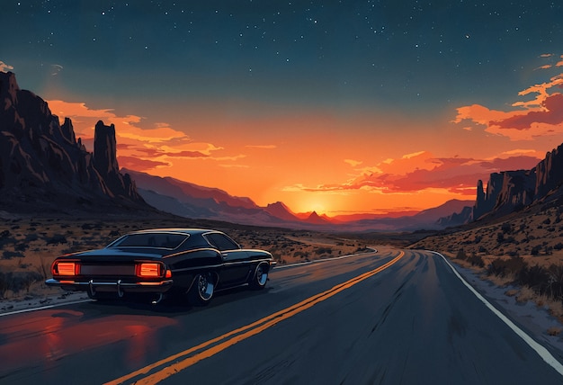 Un coche con las luces encendidas conduciendo por una carretera