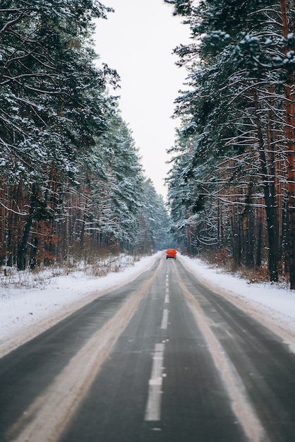 Coche en movimiento en un camino forestal en la nieve.