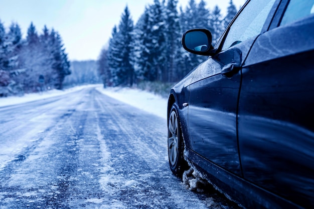 Coche negro en una carretera helada rodeada de árboles cubiertos de nieve.