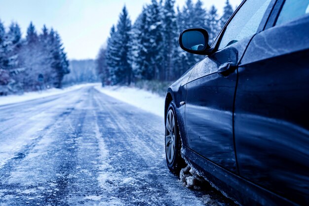 Coche negro en una carretera helada rodeada de árboles cubiertos de nieve.