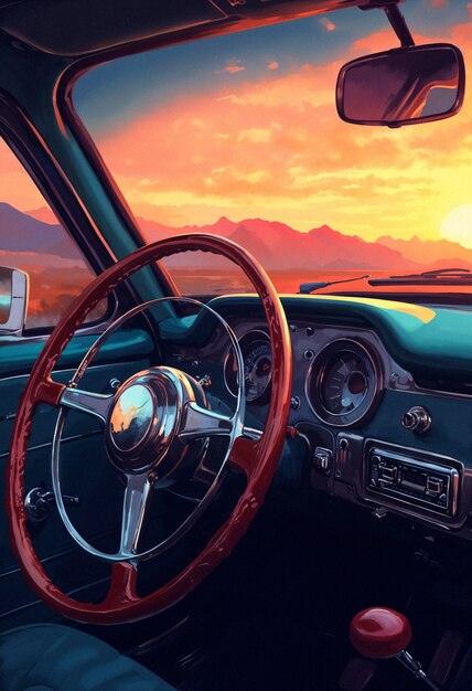 Un coche con una puesta de sol en el fondo