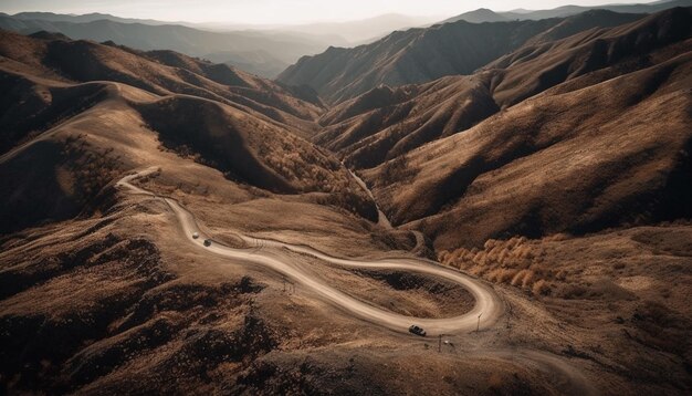 Un coche recorre una cordillera panorámica generada por IA