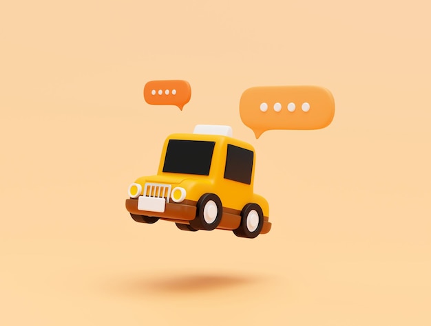 Coche de taxi con mensaje de chat de burbujas para el concepto de servicio de transporte en línea banner web icono de dibujos animados o fondo de símbolo ilustración 3D