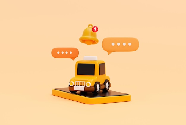 Foto gratuita coche de taxi en el teléfono inteligente con alerta de notificación de campana emergente de recordatorio y chat de burbujas para el concepto de servicio de transporte en línea banner web icono de dibujos animados o fondo de símbolo ilustración 3d