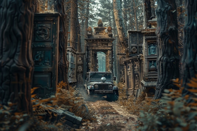 Foto gratuita coche todoterreno en una escena de fantasía