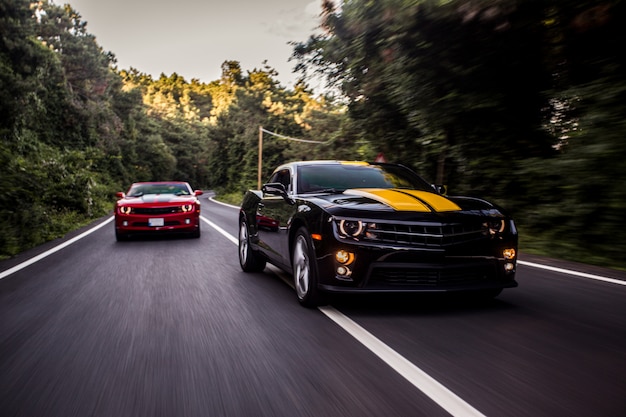 Foto gratuita coches deportivos rojos y negros que compiten en la carretera.