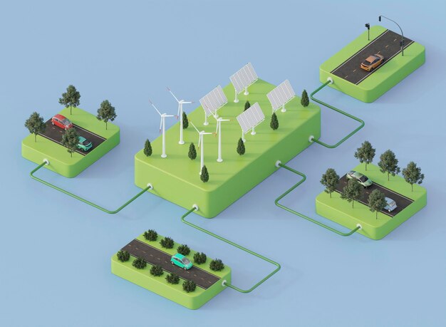 Coches eléctricos 3d de alto ángulo en las calles