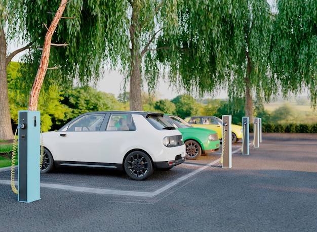 Coches eléctricos 3D en estacionamiento.