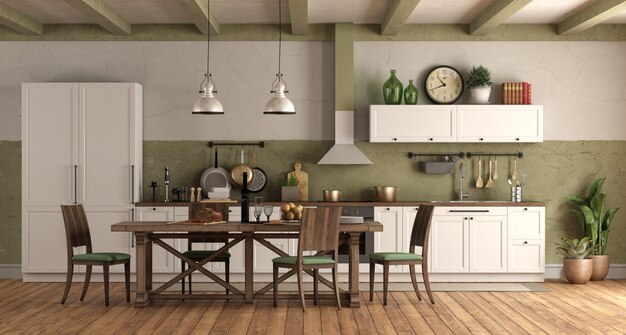 Cocina de estilo retro con isla en una habitación con vigas de madera