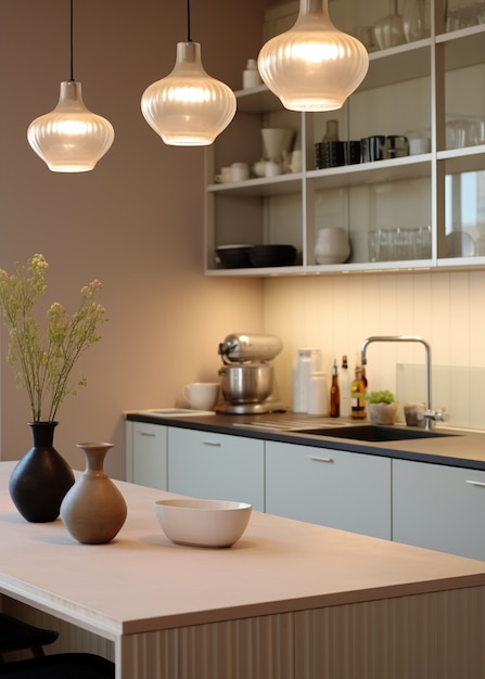 Foto gratuita cocina moderna con decoración interior y mobiliario contemporáneos.