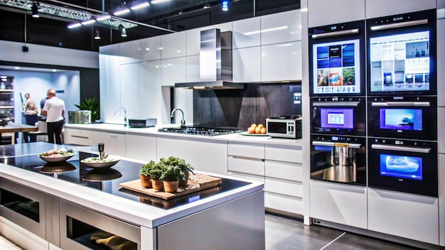 Cocina moderna con electrodomésticos elegantes y una barra de desayuno