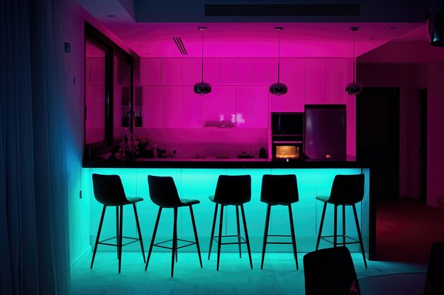 Cocina moderna con luces rosas y rojas.
