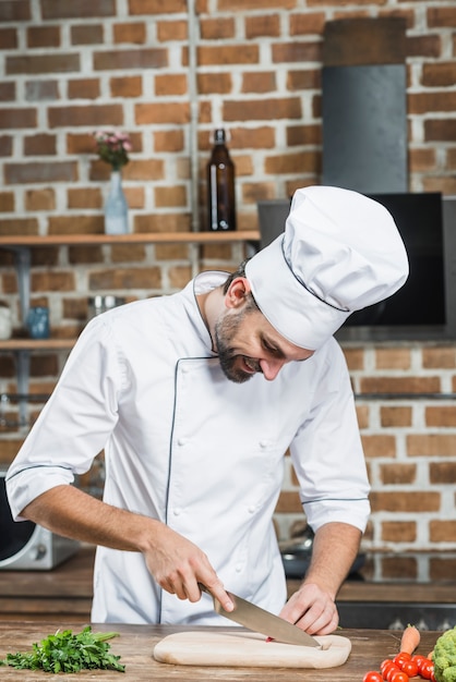 Cocinero de sexo masculino que corta el chile rojo en tajadera